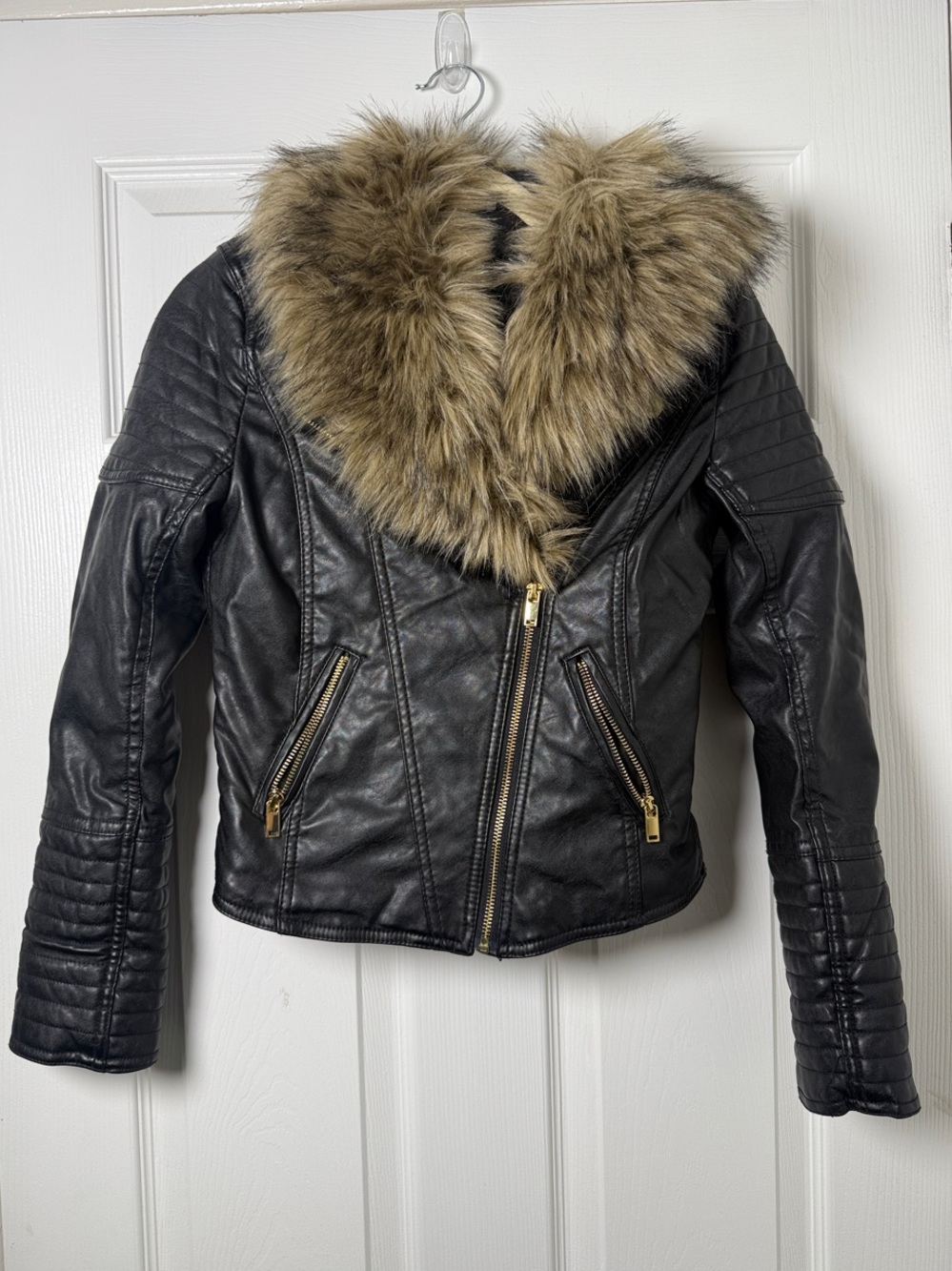 Divided Black Faux Leather Moto Jacket with removable Tan Faux Fur Collar